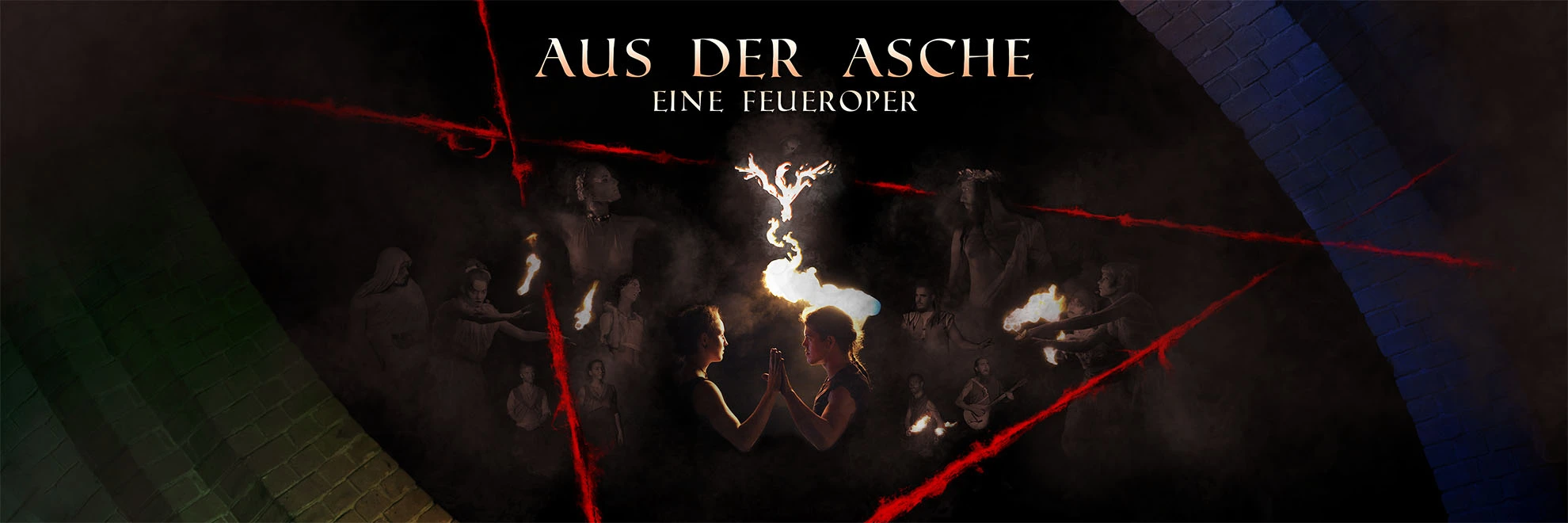 Das Artwork zu 'Aus der Asche - Eine Feueroper' zeigt alle Charaktere und in der Mitte Dido und Aeneas.